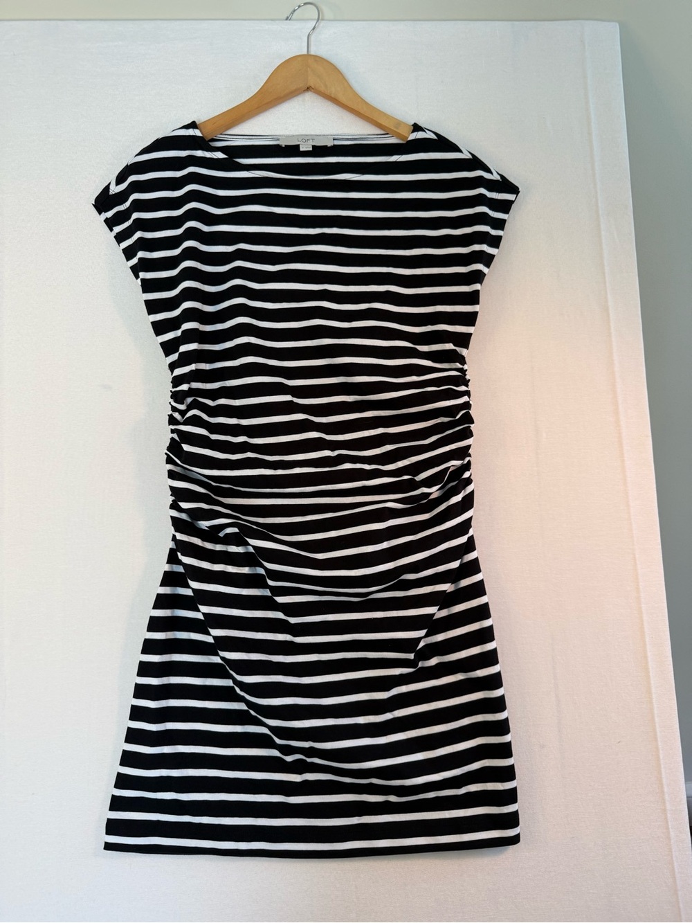 LOFT Black & White Striped Ruched Midi Dress